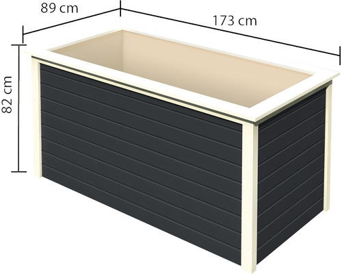 Abbildung eines Blumenkastens mit den Maßen 89 Zentimeter mal 173 Zentimeter mal 82 Zentimeter.