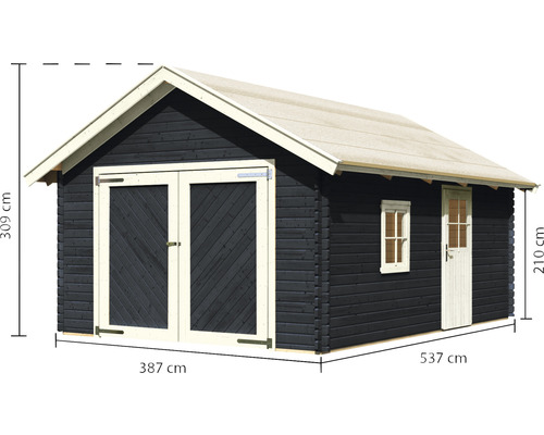 Holzgartenhaus mit Doppeltür, Einzeltür und Fenster, Maße: 387 cm x 537 cm, Höhe: 309 cm