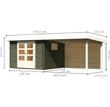Holzgartenhaus mit den Maßen 616,5 cm Länge, 297 cm Breite und 217 cm Höhe