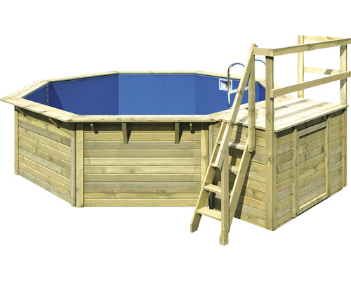 Aufstellpool Holzpool-Set Karibu X2 achteckig Ø 427,5x121 cm inkl. Innenauskleidung blau & Leiter mit Plattform