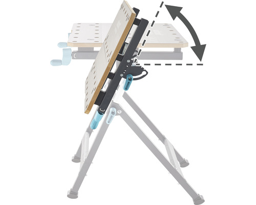 Verstellbare Werkbank mit Klappfunktion und Pfeil, der die Neigung andeutet.