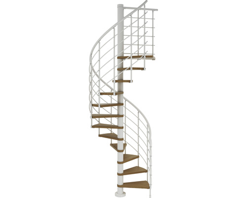 Pertura Spindeltreppe Koralia Eiche Leimholz Ø 140 cm Weiß 11 Stufen 12 Steigungen Wendeltreppe mit Holzstufen und weißem Geländer