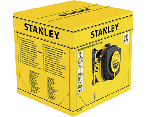 Verpackung eines Stanley Luftkompressors mit Schlauchaufroller