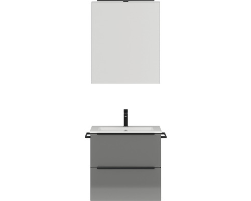 Badmöbel-Set Nobilia Programm 1 22 61x169,1x48,7 cm Mineralmarmorwaschbecken grau hochglanz mit LED-Spiegelschrank