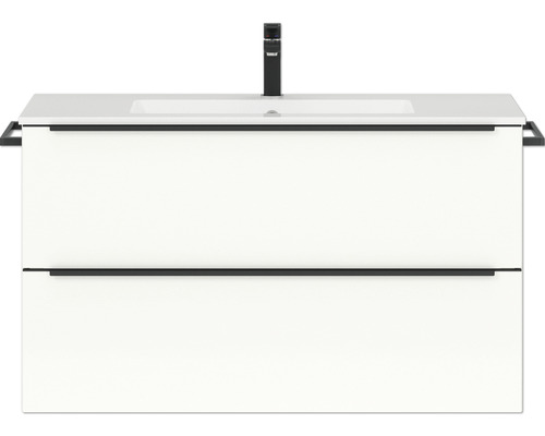 Waschbeckenunterschrank Nobilia Programm 1 83 101x59,1x48,7 cm mit Mineralmarmorwaschbecken weiß hochglanz