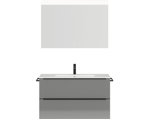 Badmöbel-Set Nobilia Programm 1 93 101x169,1x48,7 cm Mineralmarmorwaschbecken grau hochglanz mit LED-Beleuchtung