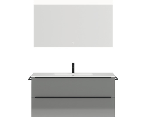 Badmöbel-Set Nobilia Programm 1 133 121x169,1x48,7 cm Mineralmarmorwaschbecken grau hochglanz mit LED-Beleuchtung