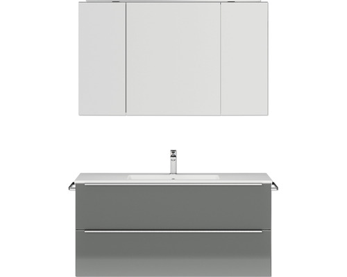 Badmöbel-Set Nobilia Programm 1 140 121x169,1x48,7 cm Mineralmarmorwaschbecken grau hochglanz mit LED-Spiegelschrank