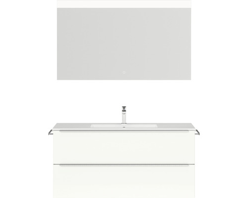 Badmöbel-Set Nobilia Programm 1 130 121x169,1x48,7 cm Mineralmarmorwaschbecken weiß hochglanz mit LED-Beleuchtung