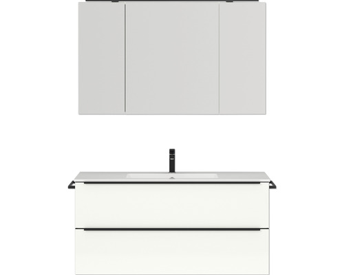 Badmöbel-Set Nobilia Programm 1 139 121x169,1x48,7 cm Mineralmarmorwaschbecken weiß hochglanz mit LED-Spiegelschrank
