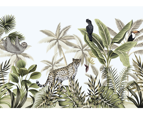 Illustration einer Dschungelszene mit einem Faultier, einem Leoparden, einem Kakadu und einem Tukan zwischen Palmen und tropischen Pflanzen