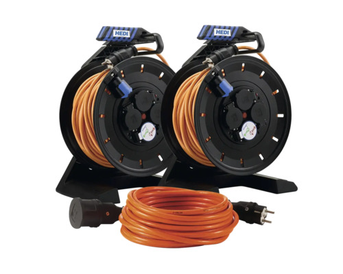 2x Kabeltrommel-Set HEDI 4 Steckplätze 1,5 mm², inkl. 1 Verlängerung, IP 44 orange Zwei Kabeltrommeln mit Verlängerungskabel