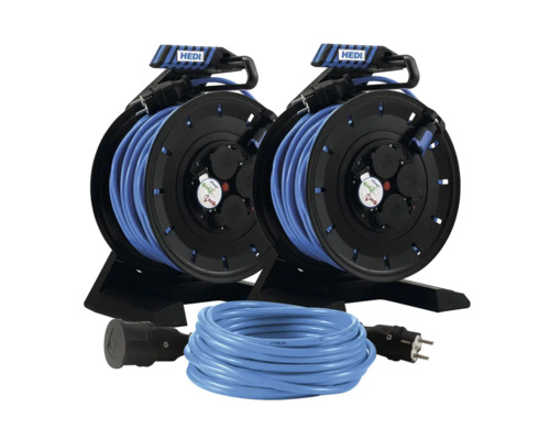 2x Kabeltrommel-Set HEDI 4 Steckplätze 2,5 mm², inkl. 1 Verlängerung, IP 44 blau Zwei HEDI Kabeltrommeln mit blauen Kabeln