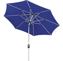 Blauer Sonnenschirm mit silberfarbenem Gestell
