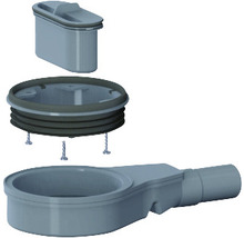 Einzelne Komponenten einer Duschrinne aus Kunststoff, inklusive Siphon und Montagematerial.