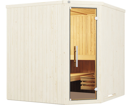 Sauna mit Glastür und Holzverkleidung
