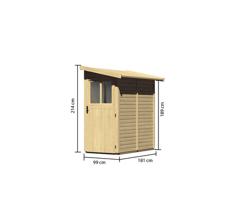Abmessungen eines Holzgartenschuppens mit Pultdach, einer Tür und einem Fenster, Höhe 214 cm, Breite 99 cm, Tiefe 181 cm
