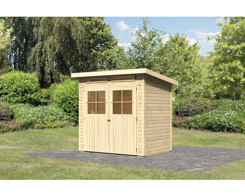 Holzgartenhaus mit Doppeltür und Fenstern im Garten