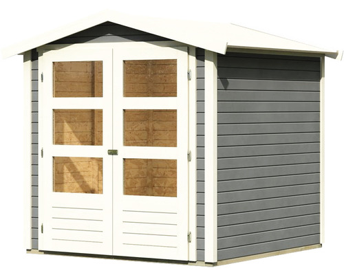 Graues Gartenhaus mit Doppeltür und Fenstern