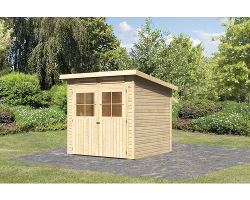 Gartenhaus aus Holz mit Doppeltür und Fenstern im Garten