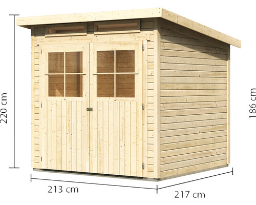 Holzgartenhaus mit Doppeltür und den Maßen 213 mal 217 mal 220 cm