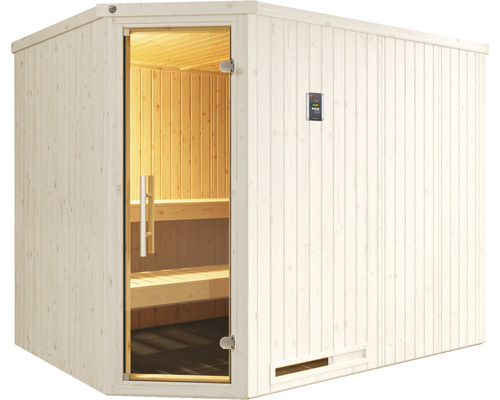 Freistehende Sauna mit Glastür und Holzverkleidung