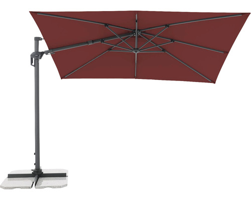 Freiarmschirm mit rechteckigem, rotem Schirmdach und grauem Gestell auf einem Sockel.