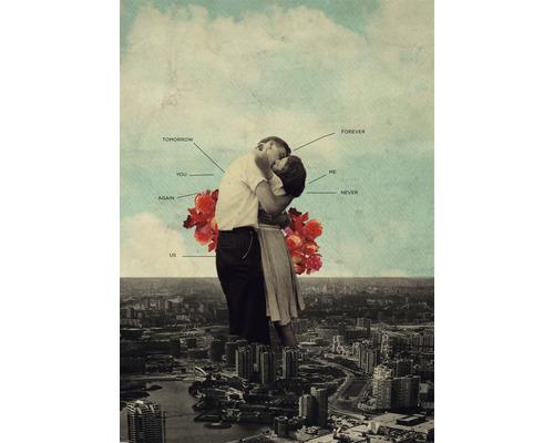 Grafik mit einem sich umarmenden Paar über einer Stadtlandschaft mit Wörtern