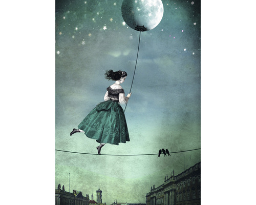 Illustration einer Frau, die auf einem Seil balanciert und einen Mond hält, mit Stadtgebäuden im Hintergrund