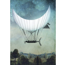 Illustration eines mondförmigen Luftschiffs über einer Landschaft