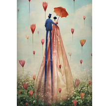 Illustration eines Paares mit Regenschirm zwischen Blumen