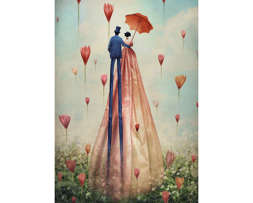 Illustration eines Paares mit Regenschirm zwischen Blumen