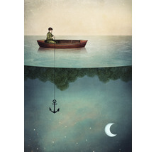 Illustration eines Jungen in einem Boot, der einen Anker in ein dunkles Unterwassergewässer hinablässt