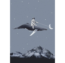 Illustration eines Jungen, der auf einem Wal reitet und mit einem Stock nach dem Mond greift, über einer Berglandschaft.
