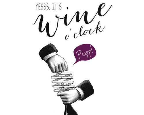 Illustration einer Weinflaschenöffnung mit dem Text: Ja, es ist Weinzeit