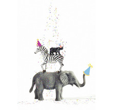 Spielzeugfiguren von Elefant, Zebra und Bär mit Partyhüten und Konfetti