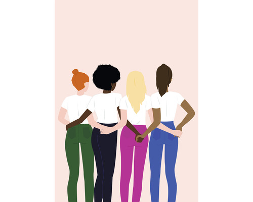 Illustration von vier Frauen, die sich umarmen und Diversität zeigen.