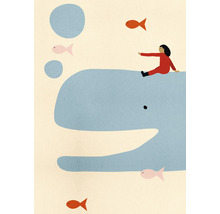 Illustration eines Mädchens auf einem Wal mit Fischen und Luftblasen