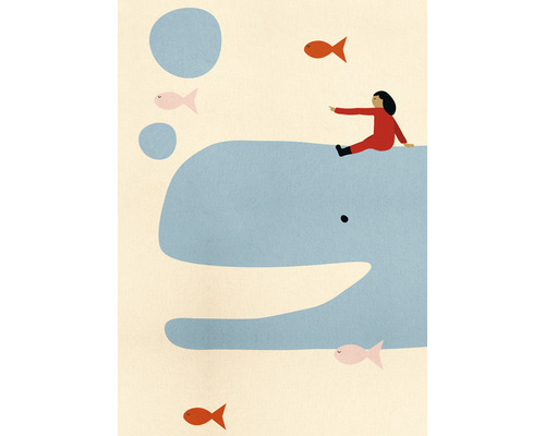 Illustration eines Mädchens auf einem Wal mit Fischen und Luftblasen