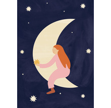 Illustration eines Mädchens, das auf dem Mond sitzt und einen Stern hält, umgeben von Sternen.