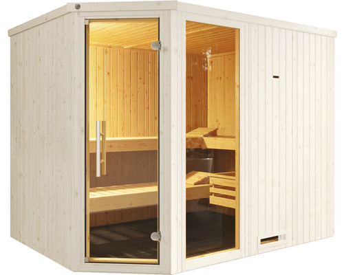 Sauna mit Glastür und Holzbänken
