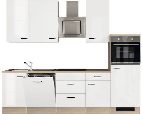 Küchenzeile mit Spüle, Geschirrspüler, Kochfeld, Dunstabzugshaube und Backofen