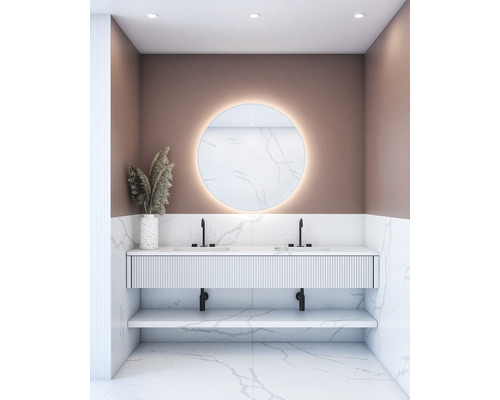 LED-Lichtspiegel Cordia ROUND LINE BACKLIGHT rund 80x80 cm mit Alurahmen weiß Modernes Badezimmer mit Doppelwaschbecken, rundem Spiegel mit Hintergrundbeleuchtung und Marmoroptik