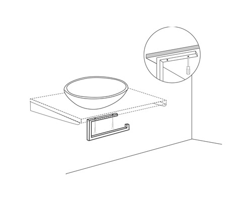 Zeichnung eines Waschtisches mit Handtuchhalter und Montageansicht