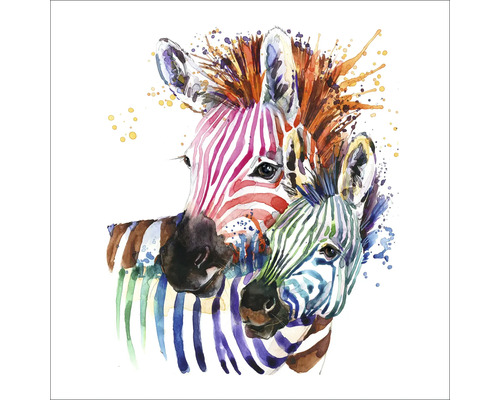 Aquarellbild von zwei Zebras, Mutter und Jungtier, mit farbenfrohen Streifen