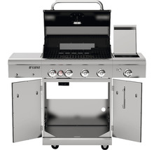Gasgrill mit geöffnetem Deckel, Bedienknöpfen und Schrankfächern
