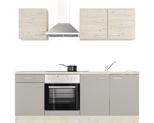 Einbauküche mit Spüle, Herd, Backofen, Dunstabzugshaube und Hängeschränken