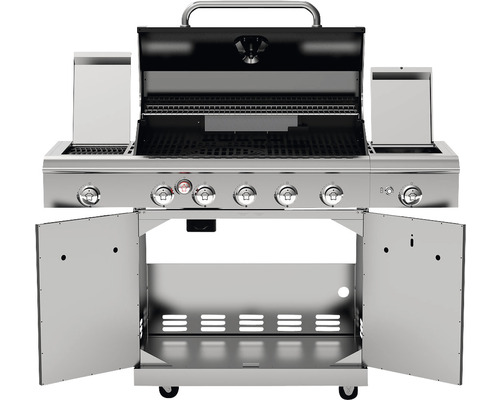 Geöffneter Grill mit Grillrost, Bedienknöpfen, Seitenablagen und Stauraum mit Türen.