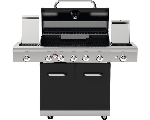 Gasgrill mit Unterschrank und geöffnetem Deckel