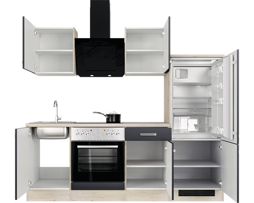 Küchenzeile mit Spüle, Herd, Dunstabzugshaube und Kühlschrank